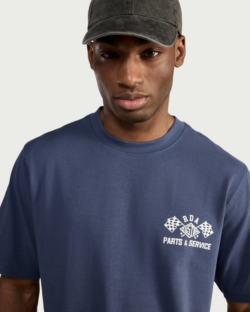image 1 of RDA Pure Cotton Parts & Service Print T-Shirt in Blue
