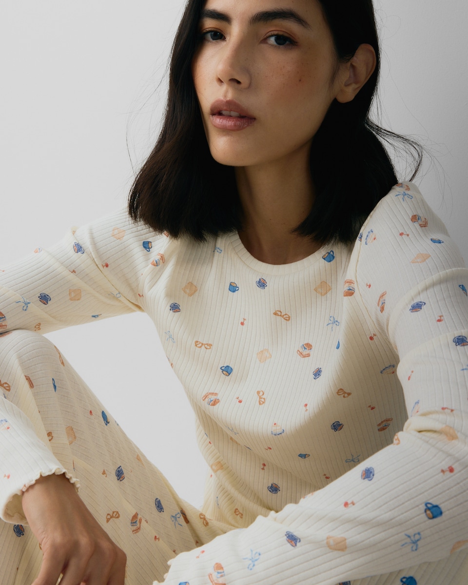 image 1 of F&F Cotton Rich Ribbed Book Club Print Pyjama Set in Cream