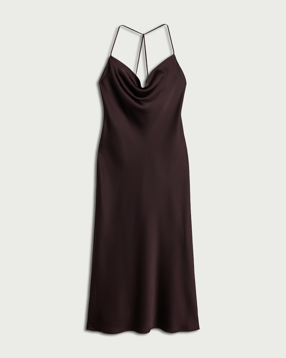 image 1 of F&F Satin Cowl Neck Midi Dress in Chocolate
