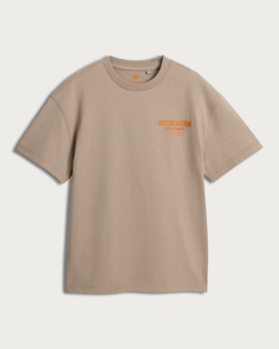 image 1 of F&F Active Pure Cotton Recreation Athl. Dept. Slogan T-Shirt in Stone