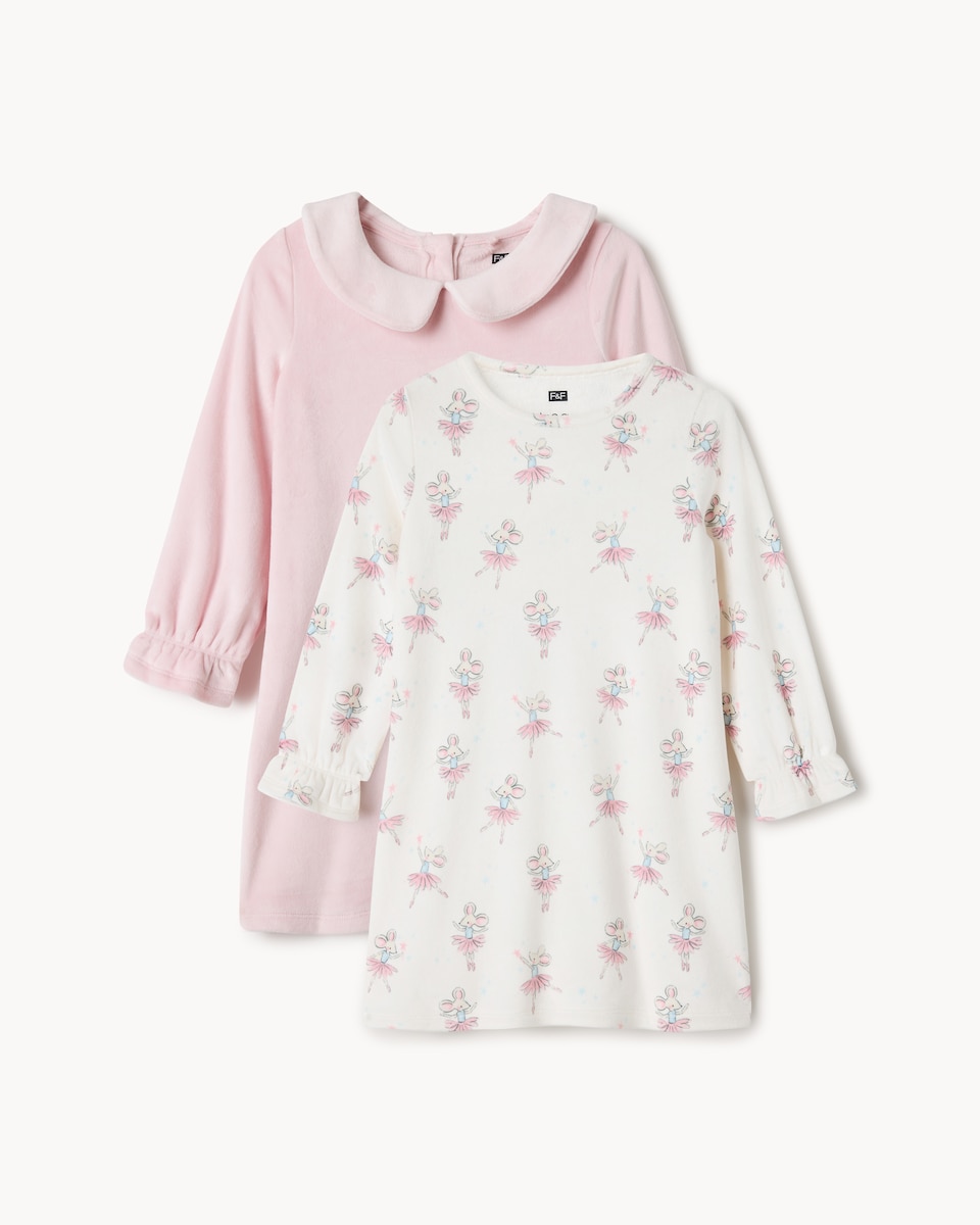 image 1 of F&F Girls 2-Pack Minky Fleece Mouse Ballerina Long Sleeved Nightdresses in Multi