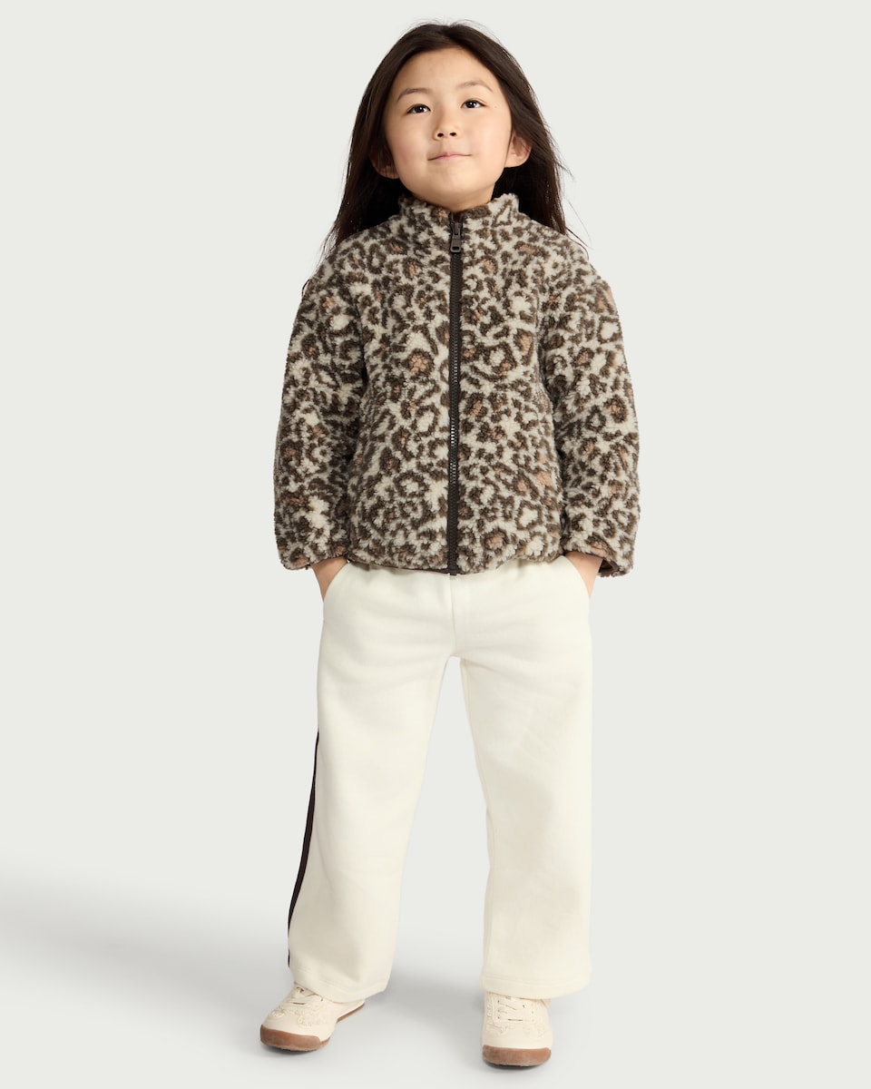 image 1 of F&F Girls Fleece Animal Print Jacket in Multi Brown