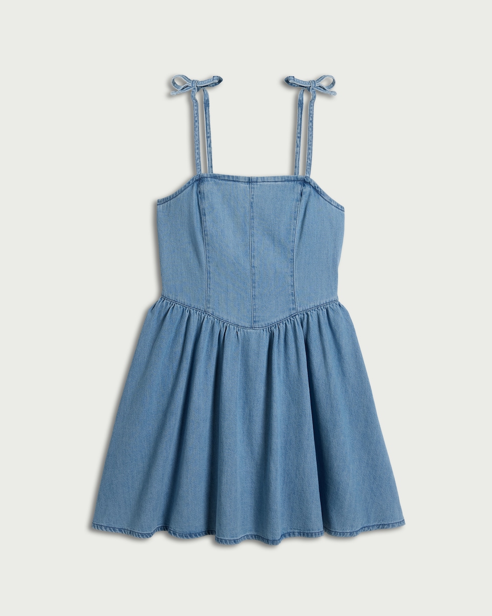 image 1 of F&F Pure Cotton Denim Tie Strap Mini Dress in Blue