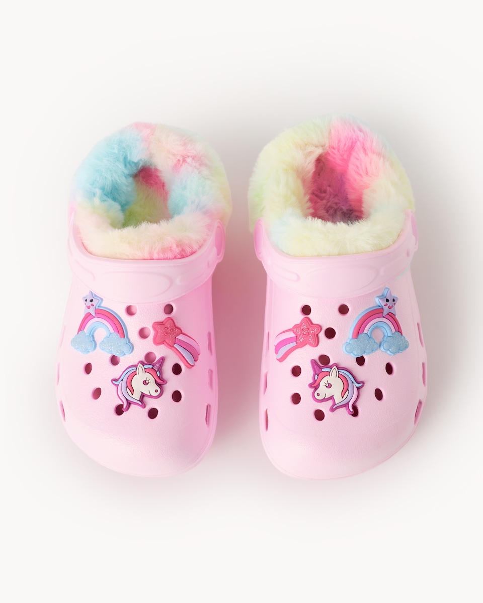 image 1 of F&F Girls Fleece Lined Unicorn Clogs in Pink