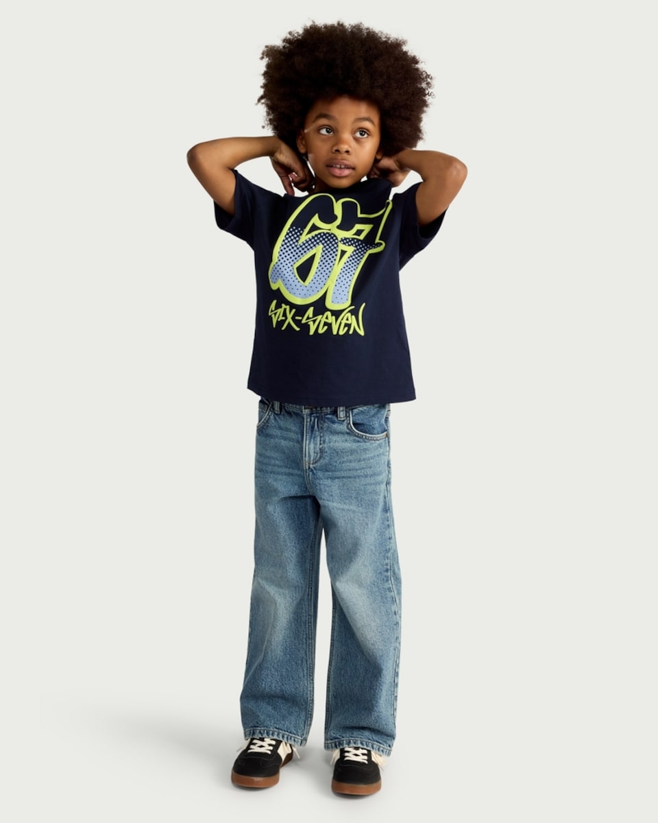 image 1 of F&F Boys Pure Cotton 6 7 Print T-Shirt in Navy