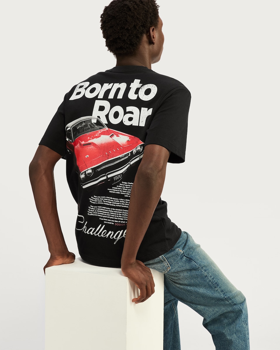 image 1 of F&F Dodge Challenger Born To Roar Slogan T-Shirt in Black