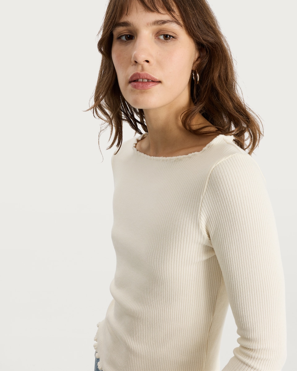 image 1 of F&F Ribbed Frill Detail Long Sleeved Top with Cotton in Cream