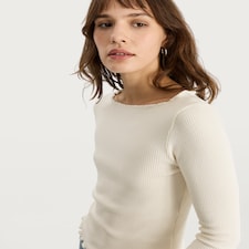 F&F Ribbed Frill Detail Long Sleeved Top with Cotton in Cream