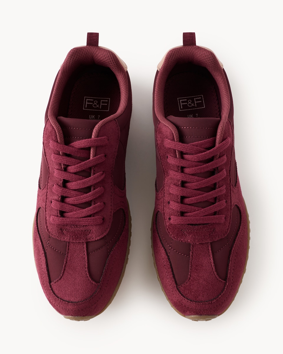 image 1 of F&F Panelled Lace Up Trainers in Burgundy