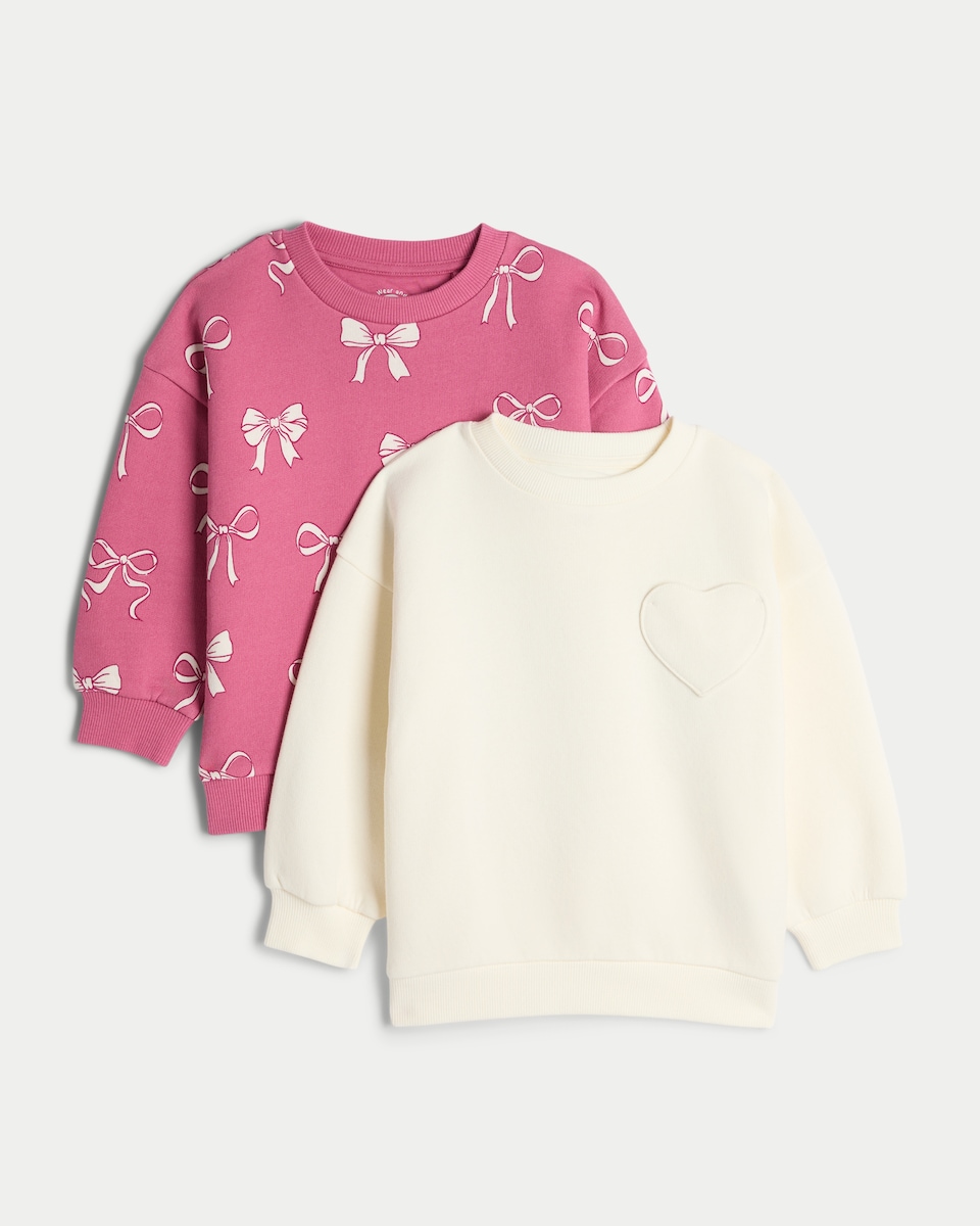 image 1 of F&F Girls 2-Pack Cotton Rich Bow Print and Heart Sweatshirts in Cream