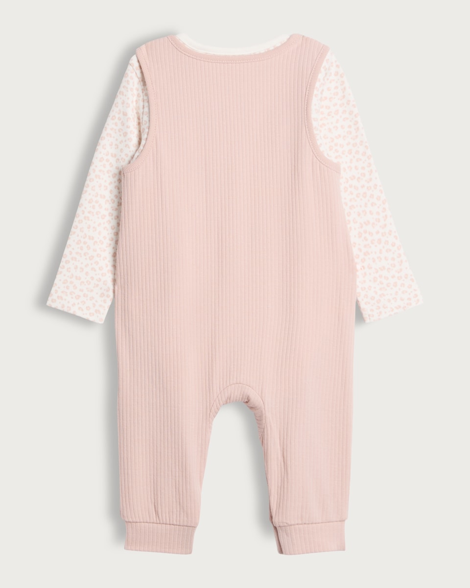 image 1 of F&F Baby Cotton Rich Ribbed Dungarees and Bodysuit Set in Pink