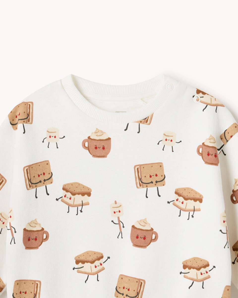 image 1 of F&F Baby Cotton Rich S’mores Print Sweatshirt and Joggers Set in Cream