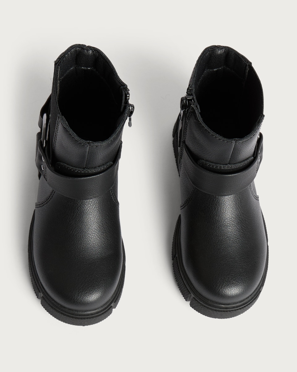 image 1 of F&F Girls Strap Buckle Detail Chunky Ankle Boots in Black