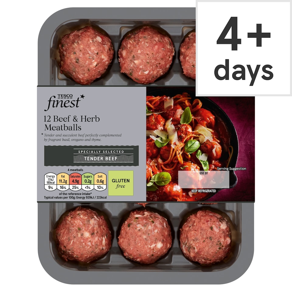 Tesco Finest 12 Beef & Herb Meatballs 336G