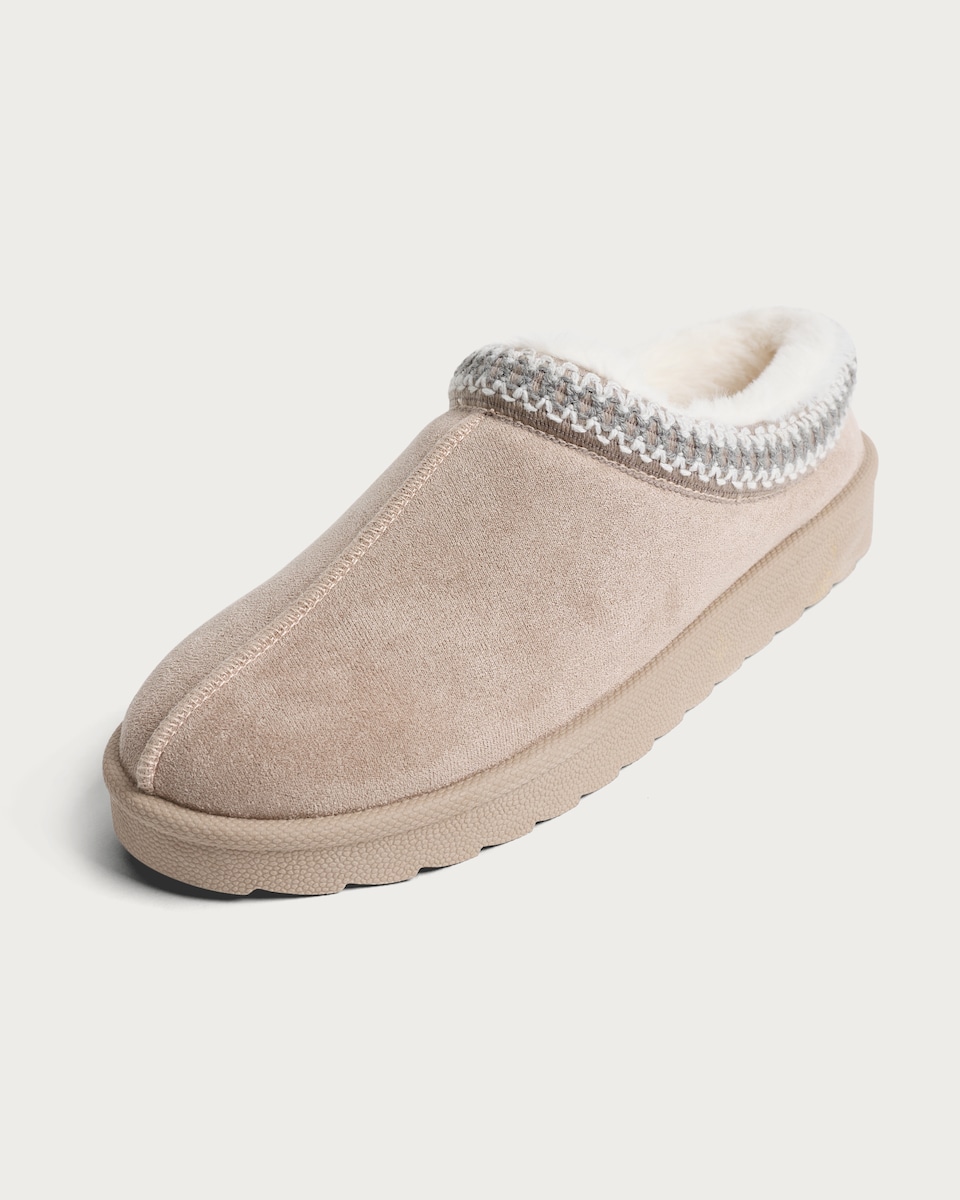 image 1 of F&F Faux Fur Lined Embroidered Mule Slippers in Beige