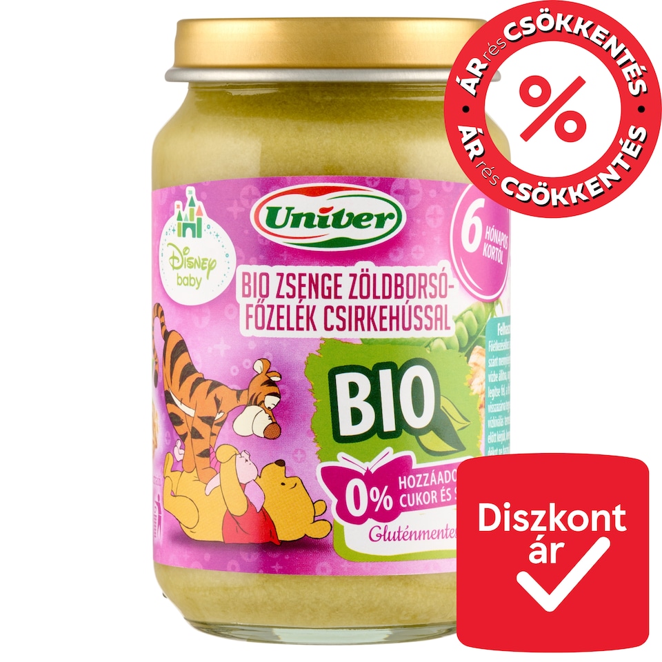 Univer Disney Baby bio zsenge zöldborsófőzelék csirkehússal bébiétel 6 hónapos kortól 163 g  1. kép