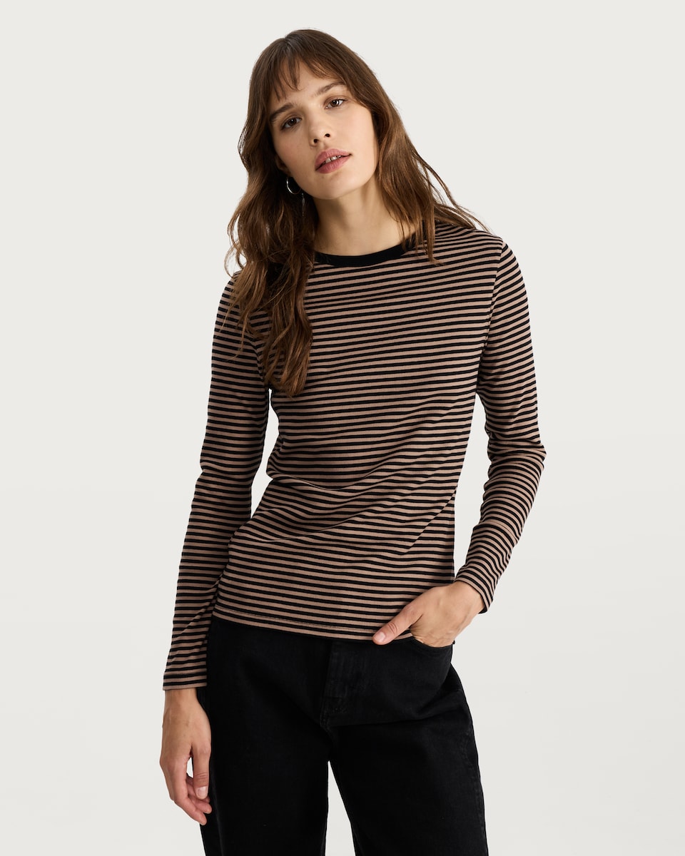 image 1 of F&F Cotton Rich Stripe Print Long Sleeved Top in Multi Black