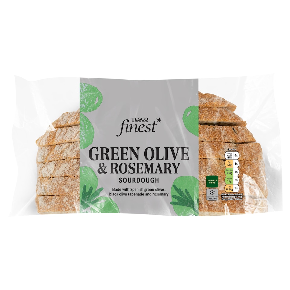 Tesco Finest Sliced Green Olive & Rosemary Sourdough Bread 400g