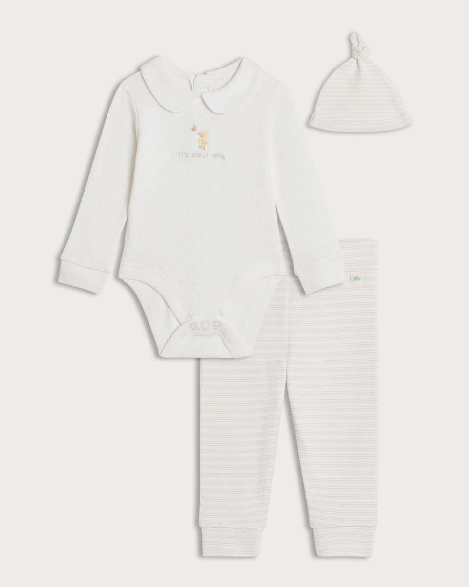 image 1 of F&F Baby 3-Piece Pure Cotton I'm New Here Set in White