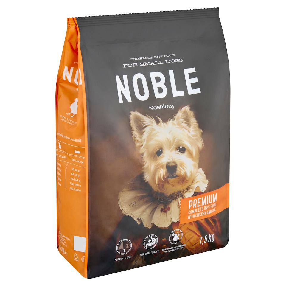 NashiDay Noble teljes értékű száraz állateledel kistestű kutyák számára csirkével és rizzsel 1,5 kg  1. kép