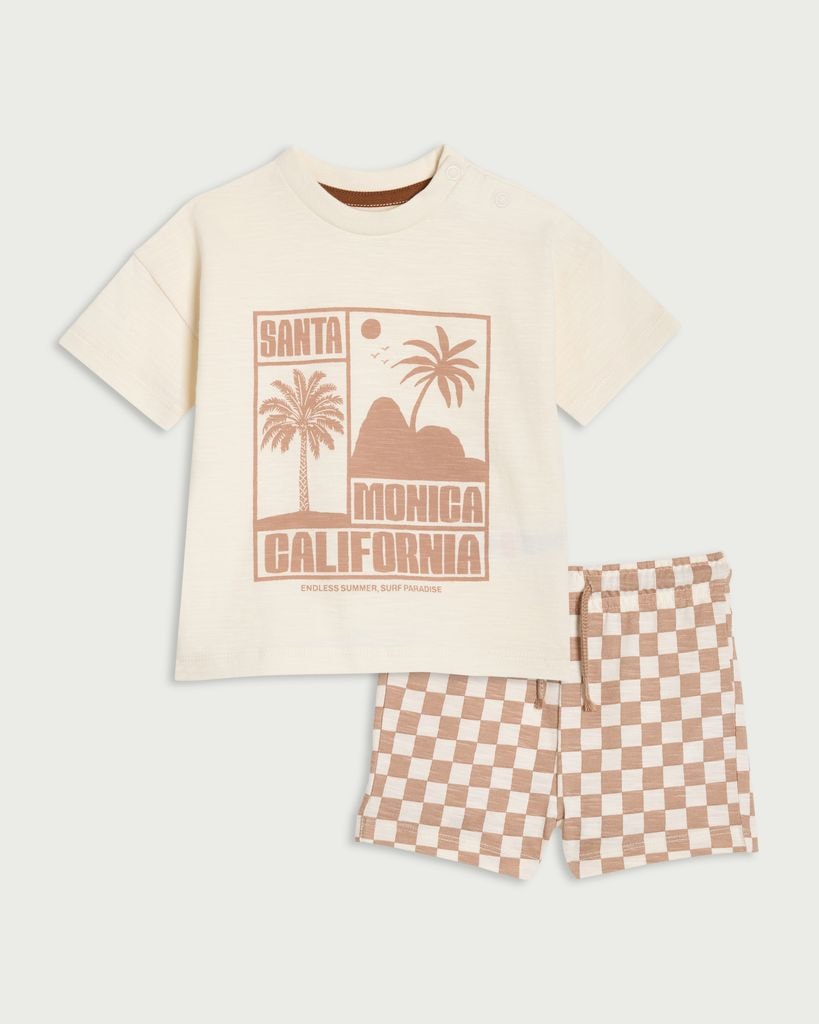 F&F Baby 2-Piece Pure Cotton California T-Shirt and Shorts Set in Tan