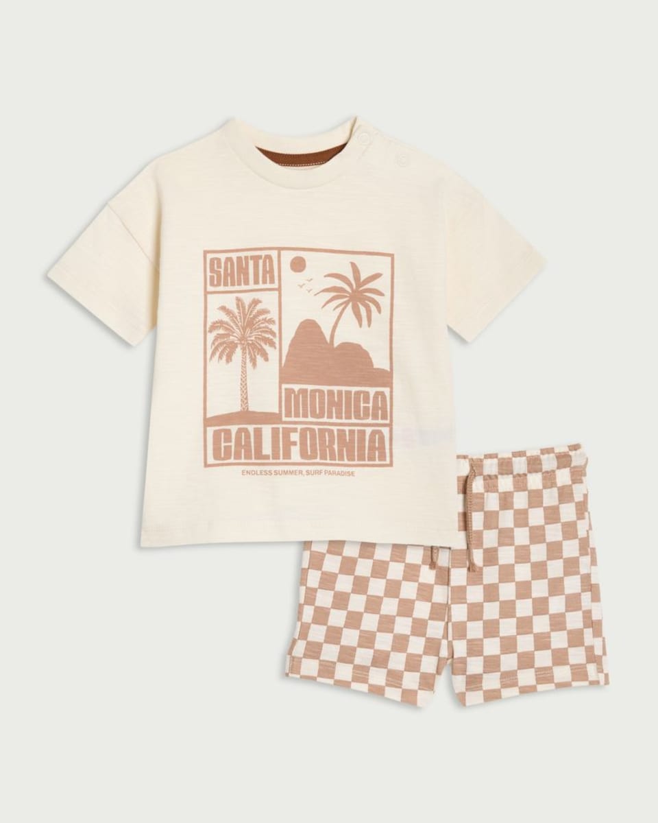 F&F Baby 2-Piece Pure Cotton California T-Shirt and Shorts Set in Tan
