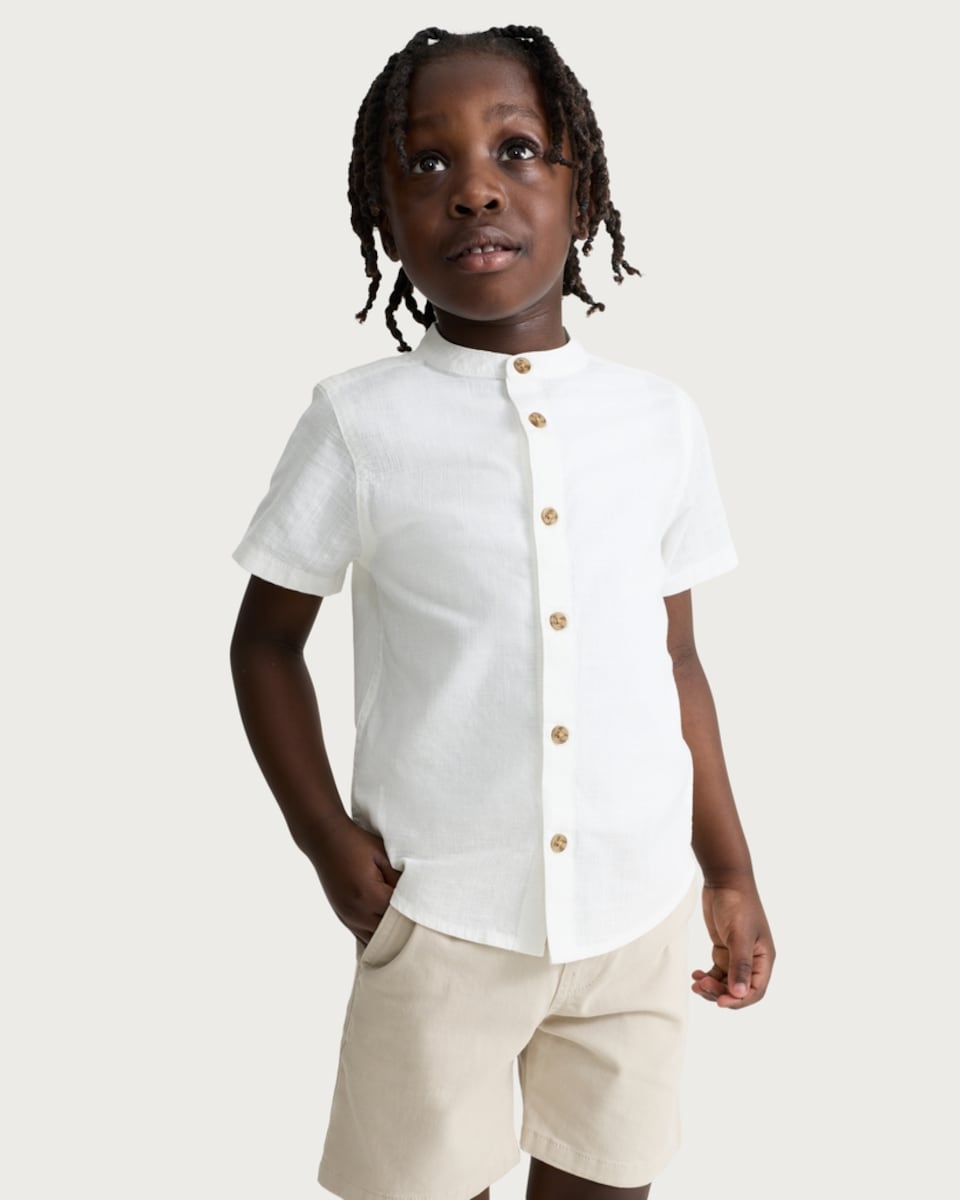 image 1 of F&F Boys Pure Cotton Grandad Collar Shirt in White