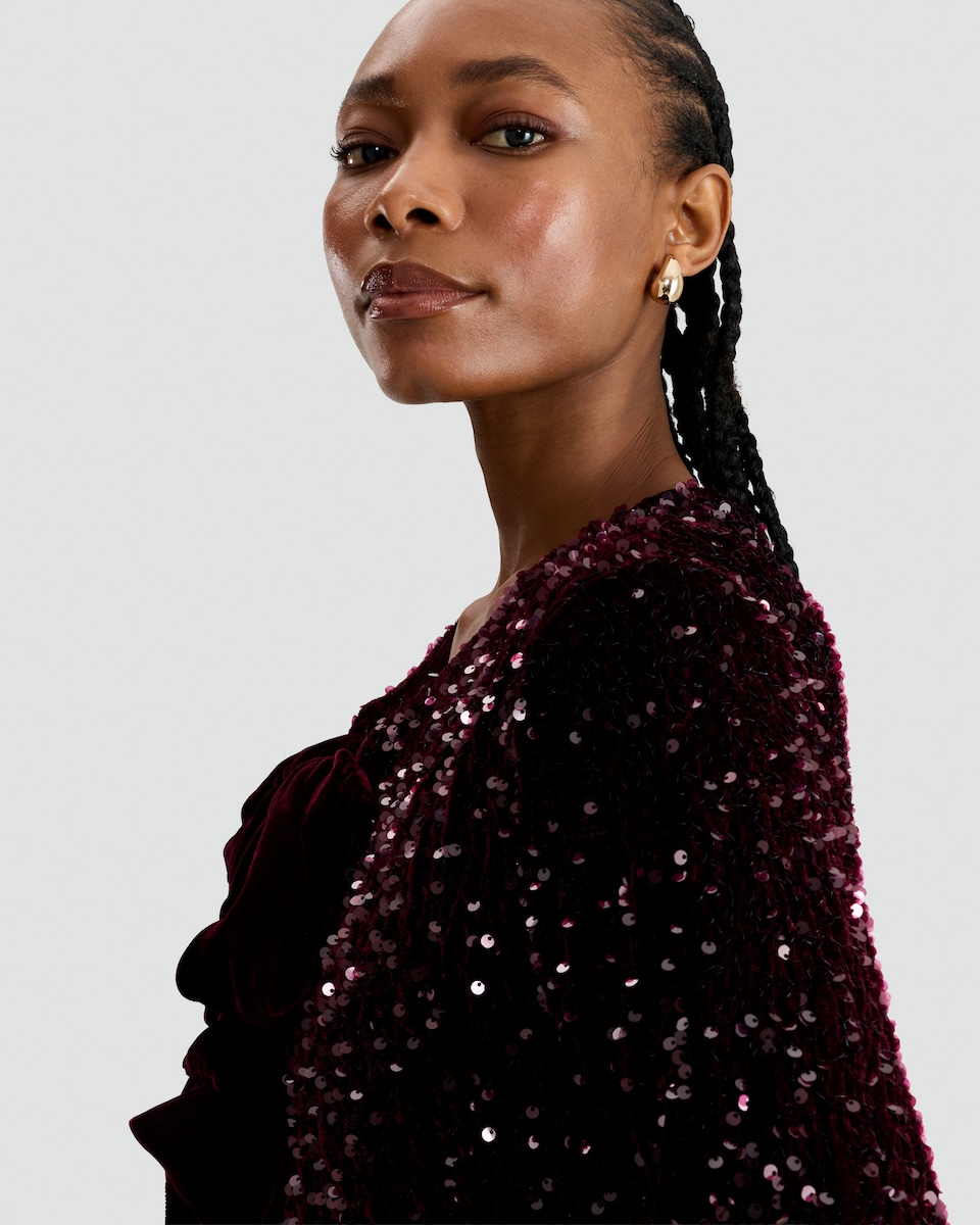 image 1 of F&F Sequin Embellished Bow Detail Jacket in Burgundy