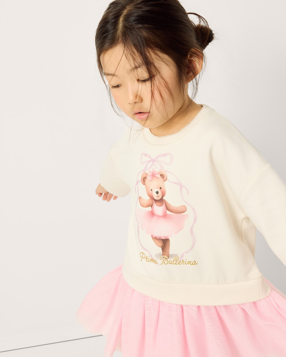 image 1 of F&F Girls Cotton Rich Bear Ballerina Sweater Dress in Cream