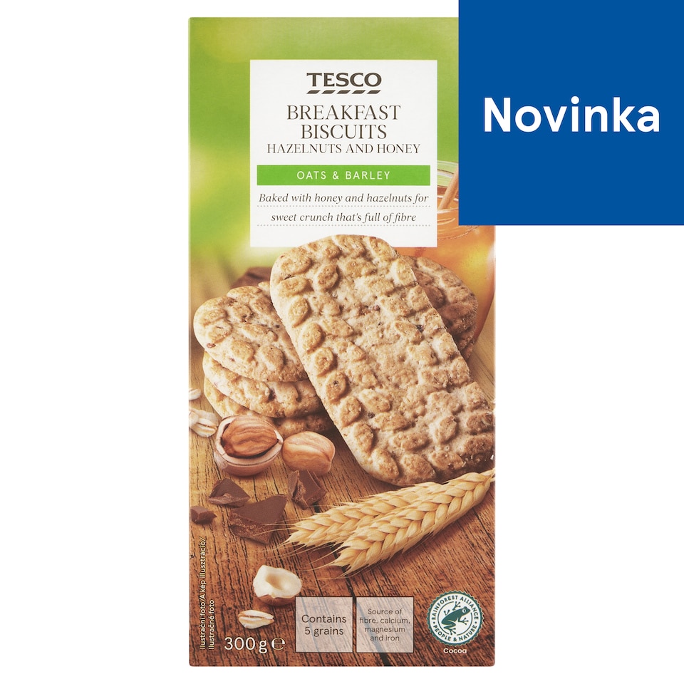 Tesco Obilninové sušienky s kúskami čokolády, lieskovými orieškami a medom 300 g