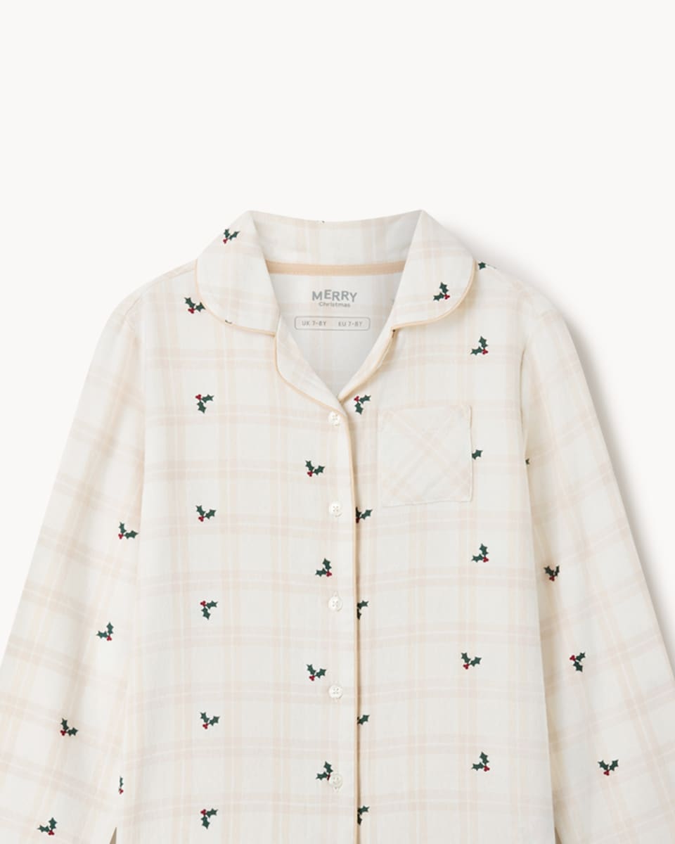 image 1 of Christmas Kids Cotton Rich Checked Holly Revere Matching Family Pyjama Set in Cream