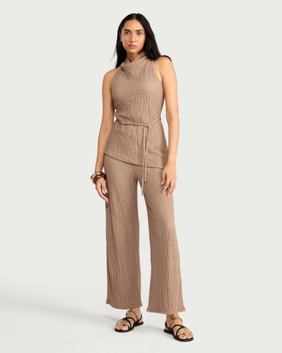 image 1 of F&F Crinkle Textured Wide Leg Co-ord Trousers in Mink