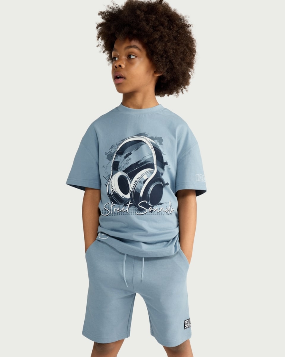 image 1 of F&F Boys 2-Piece Pure Cotton Headphone T-Shirt and Shorts Set in Blue