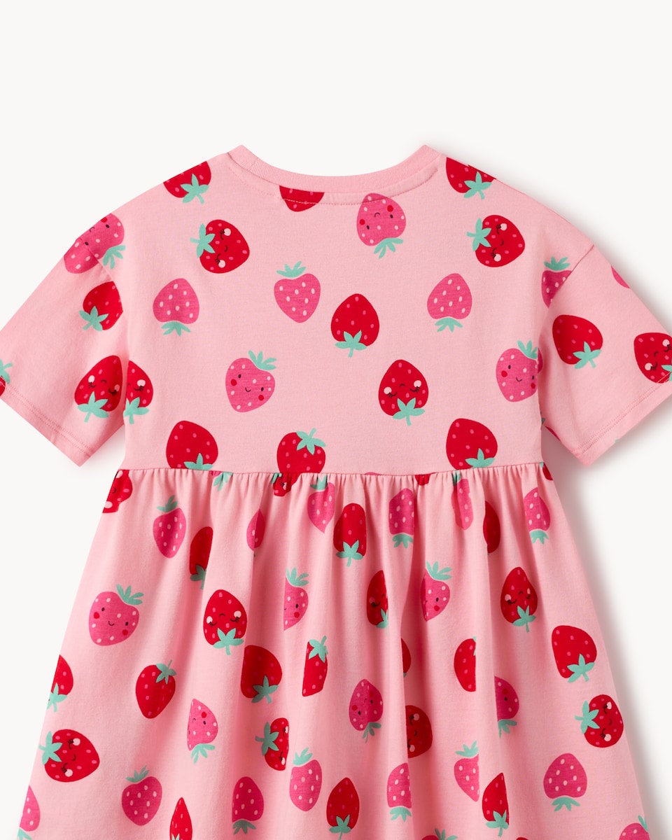image 1 of F&F Girls Pure Cotton Strawberry Print Short Sleeved Dress in Pink