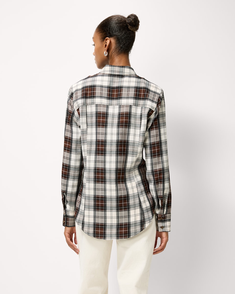 image 1 of F&F Check Shoulder Pad Cinched Shirt in Multi Brown