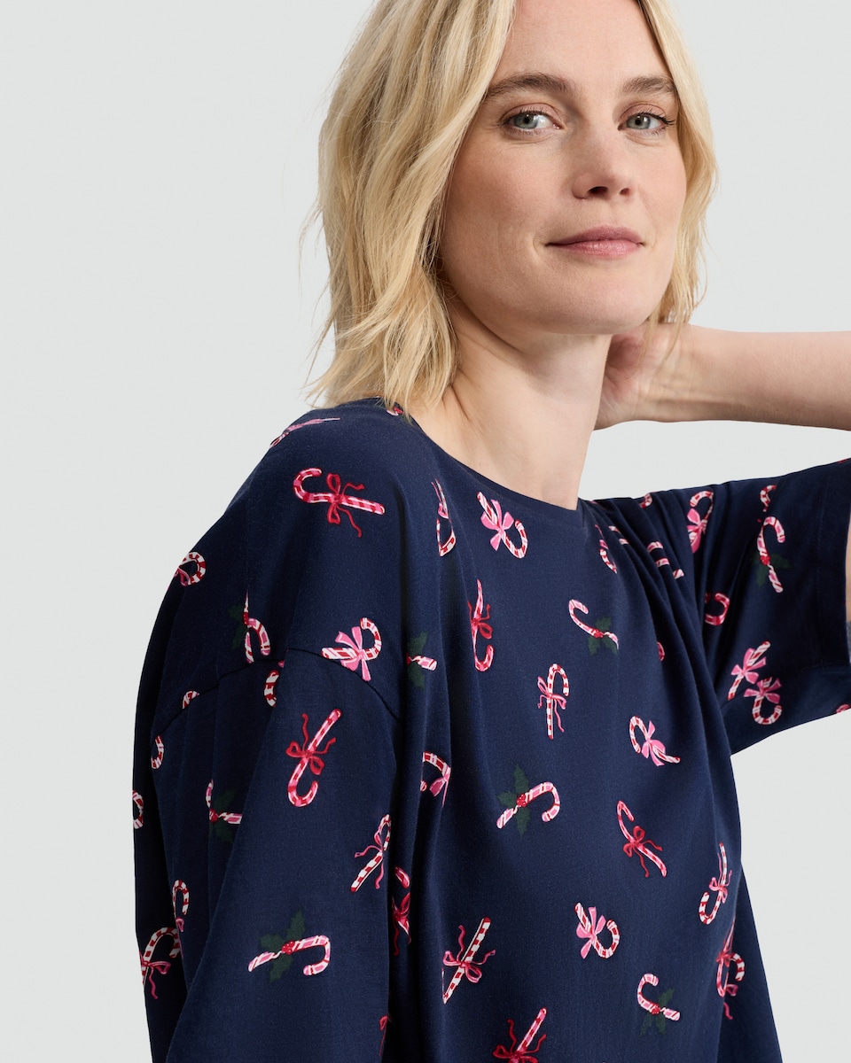 image 1 of F&F Pure Cotton Candy Cane Print Nightdress in Navy