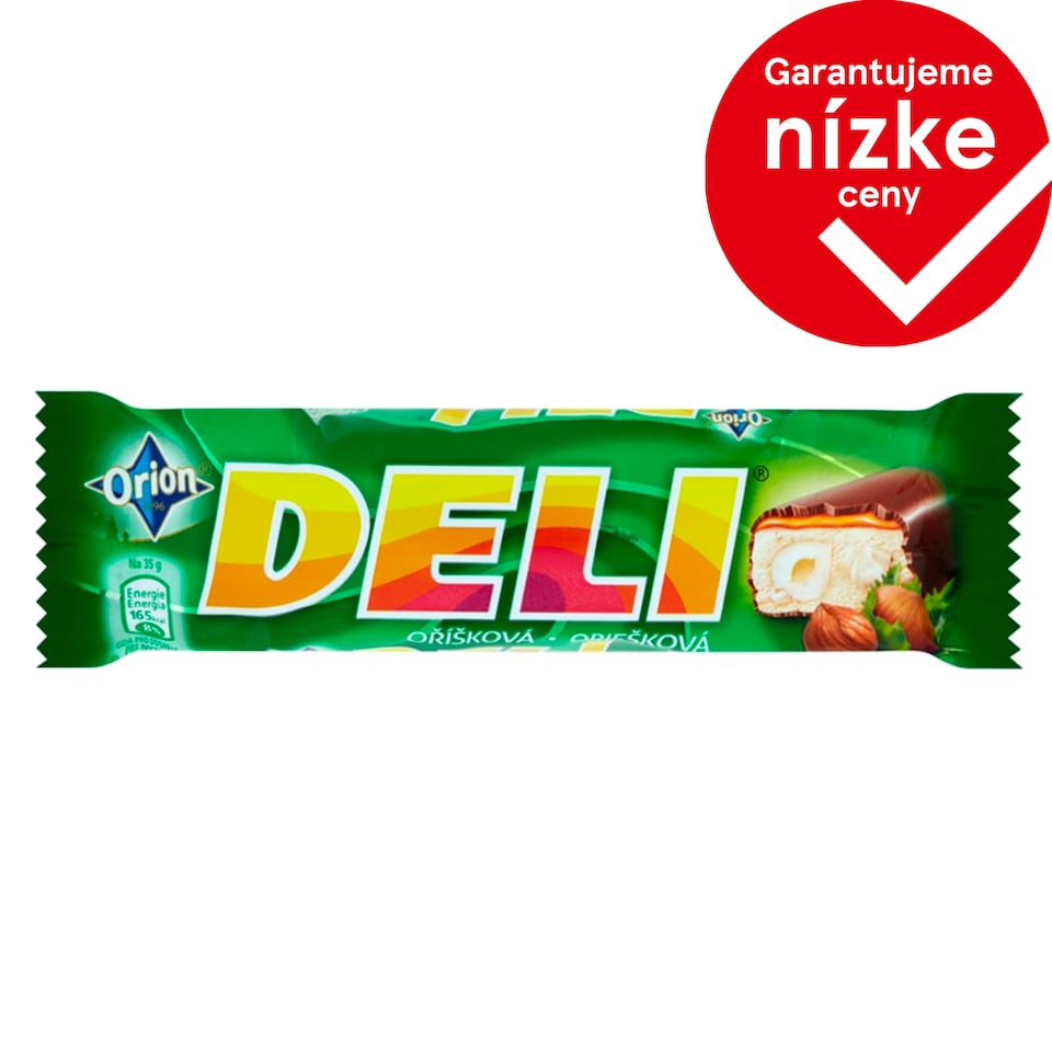 ORION DELI Oriešková tyčinka s lieskovými orechami a karamelom máčaná v horkej čokoláde 35 g