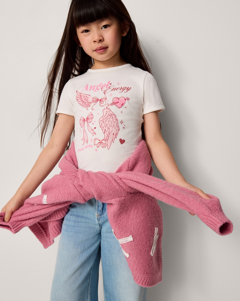 image 1 of F&F Girls Cotton Rich Angel Energy T-Shirt in White