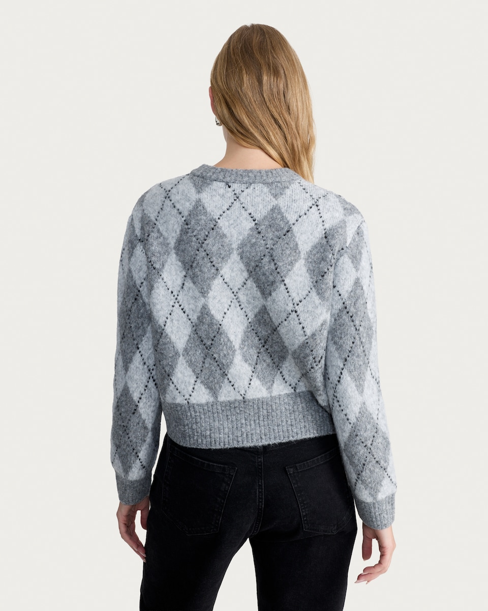 image 1 of F&F Knitted Argyle Print Button Up Cardigan in Multi Grey