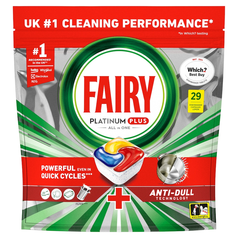 image 1 of Fairy Platinum Plus All In One Dishwasher Tablets - Lemon 29 Pack 450g