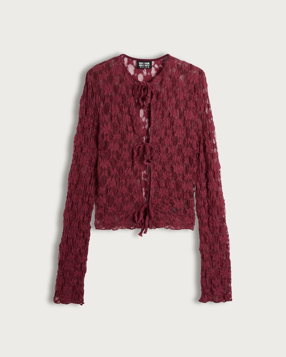 image 1 of OH ME OH MY Cotton Blend Lace Tie Front Top in Burgundy