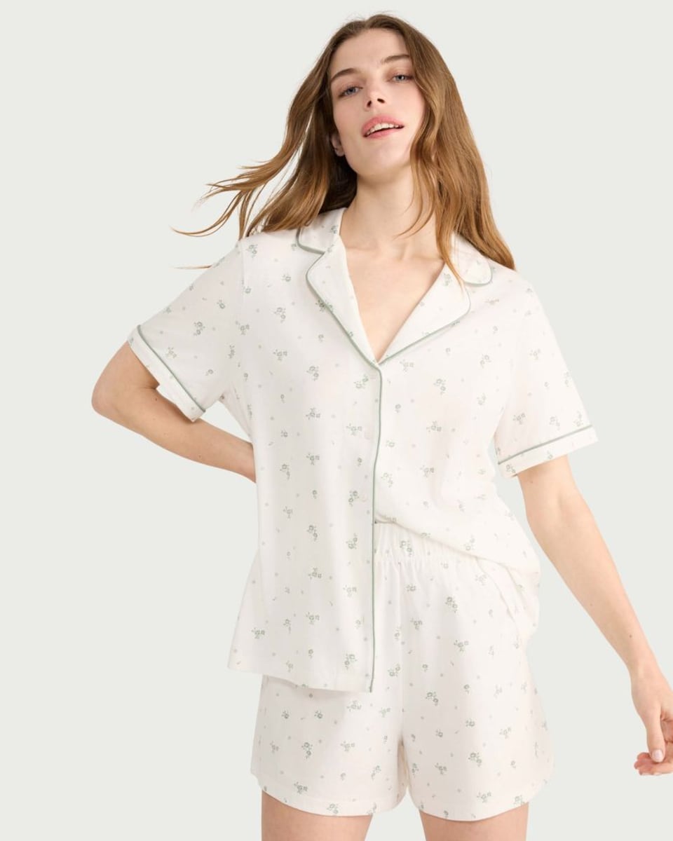 image 1 of F&F Pure Cotton Floral Print Revere Short Pyjama Set in Multi Green