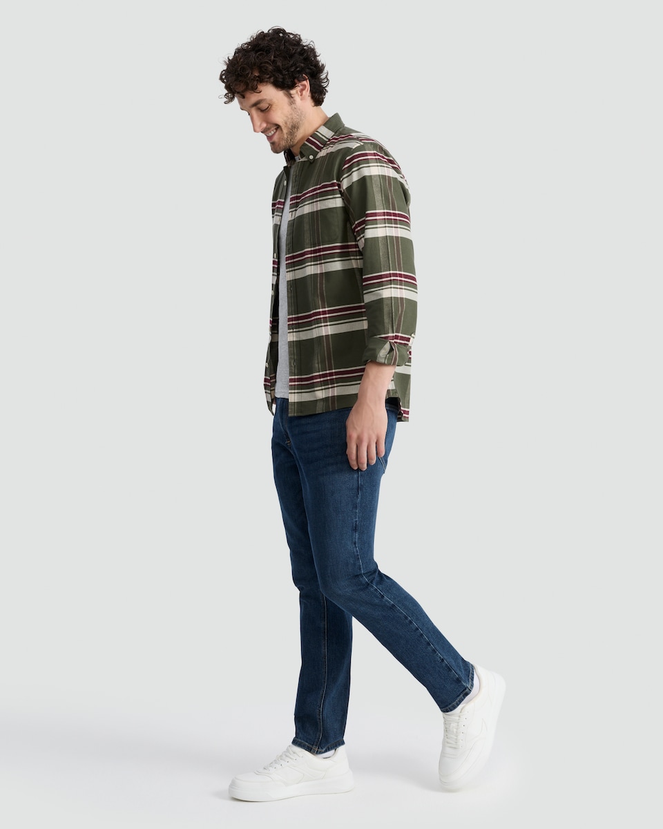 image 1 of F&F Pure Cotton Check Print Button Up Shirt in Khaki
