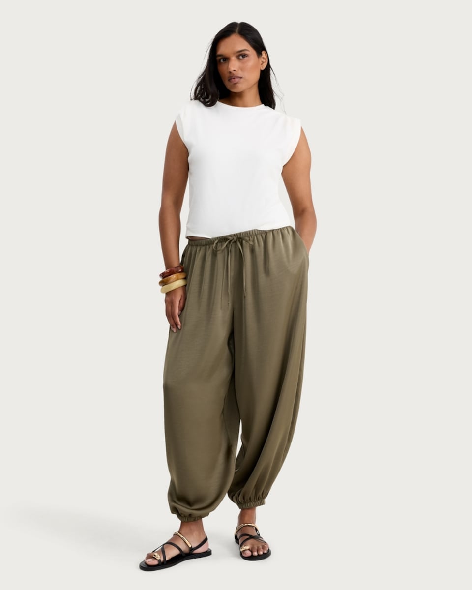 image 1 of F&F Satin Balloon Leg Drawstring Trousers in Khaki