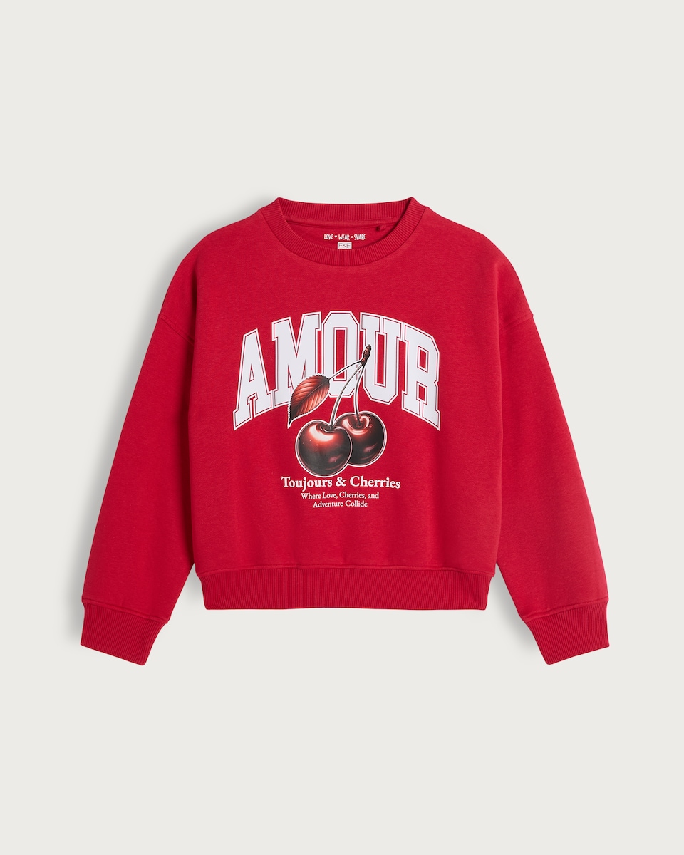 image 1 of F&F Girls Cotton Rich Amour Cherry Print Sweatshirt in Red