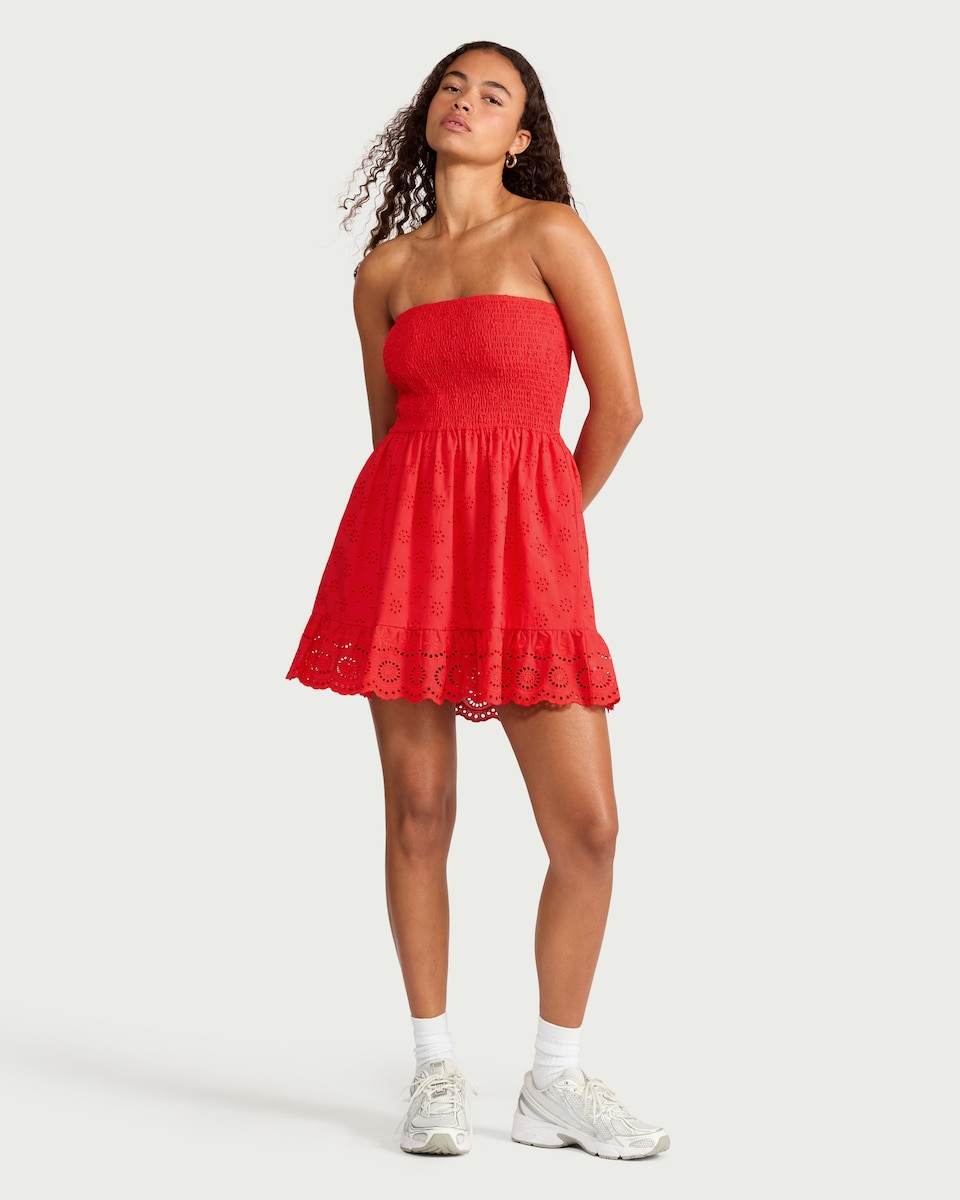 image 1 of OH ME OH MY Pure Cotton Broderie Strapless Dress in Red