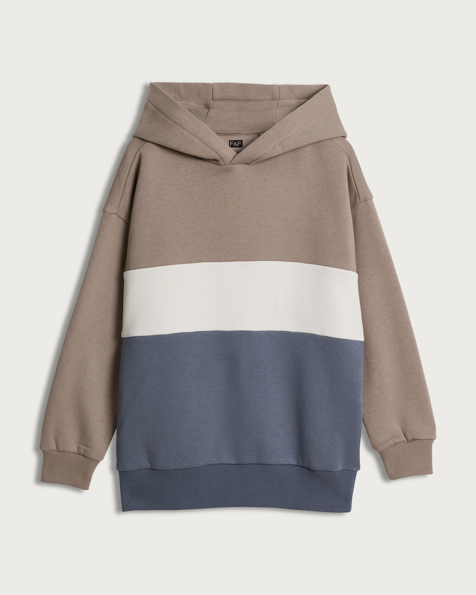 image 1 of F&F Boys Cotton Rich Colour Block Oversized Fit Hoodie in Med Nude