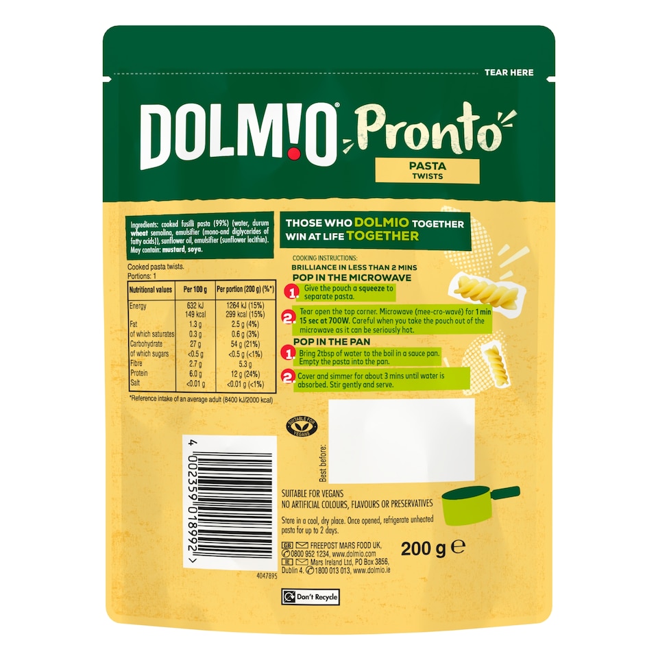 image 1 of Dolmio Pronto Microwave Instant Fusilli Pasta Twists Meal 200g
