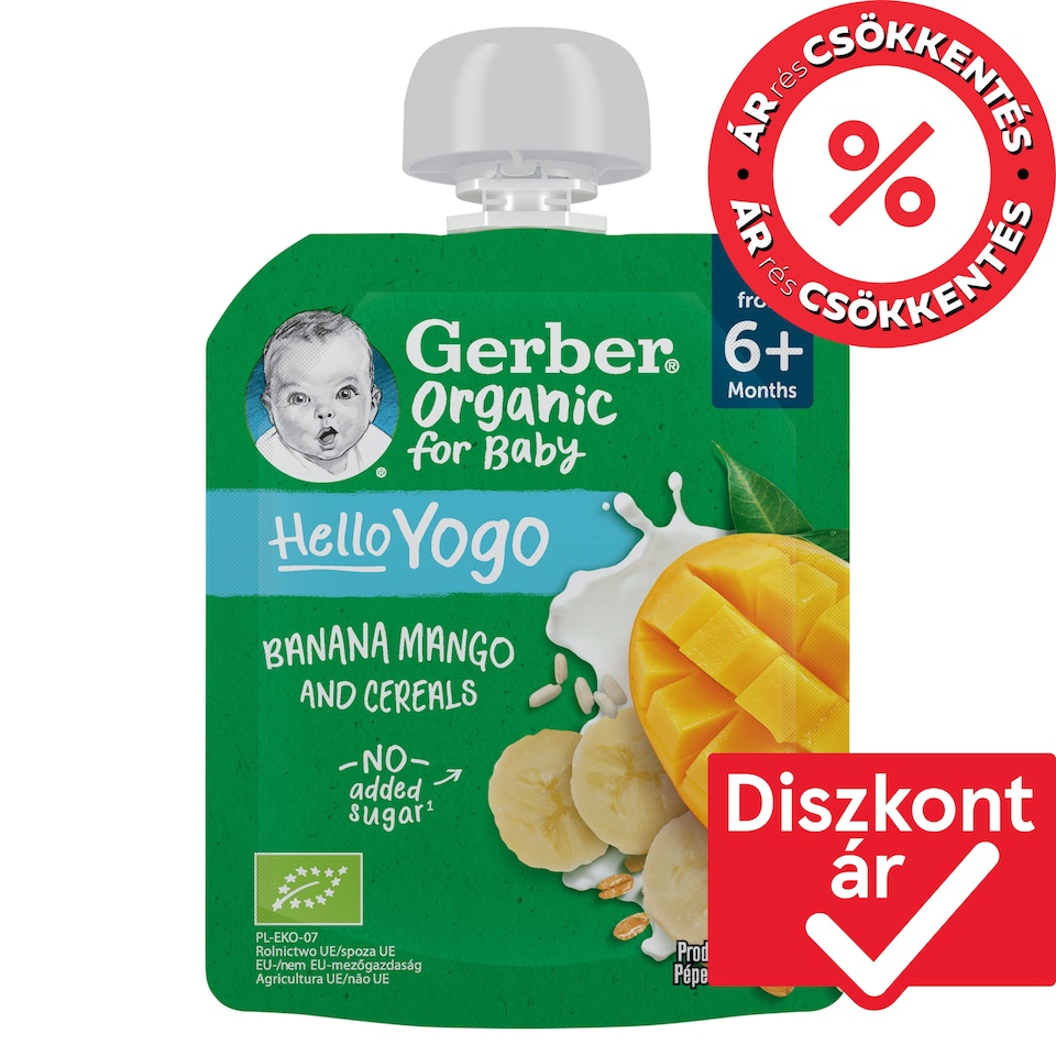 Gerber bio banán-mangó gyümölcspüré fermentált tejkészítménnyel és gabonával, 6 hónapos kortól 80 g 1. kép