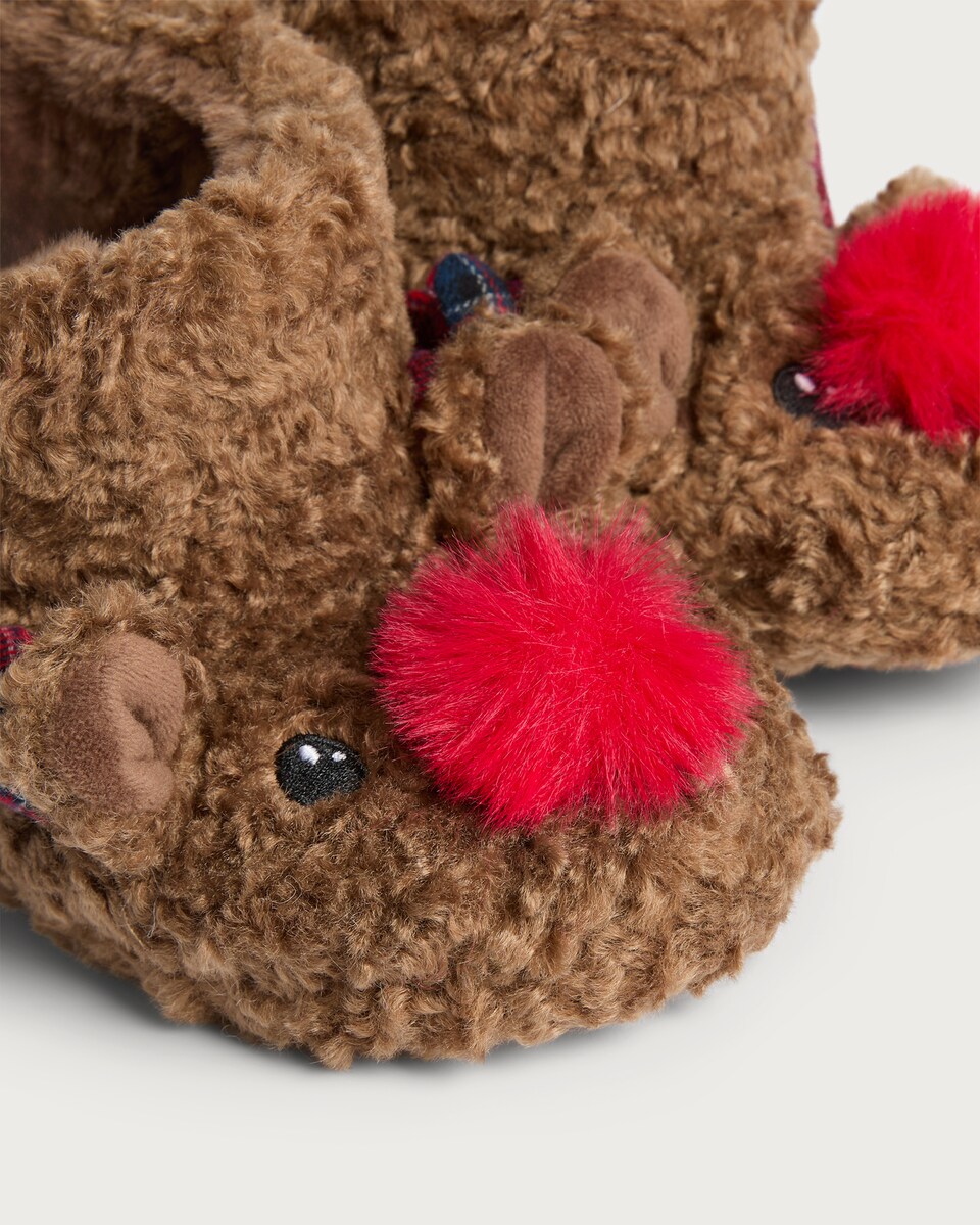 image 1 of F&F Girls Borg Textured Reindeer Slippers in Neutral